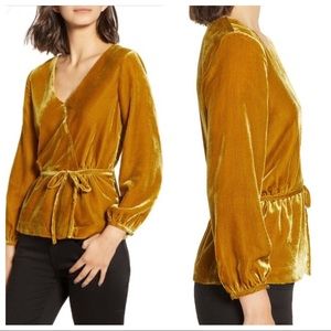 J. Crew Retro Yellow Gold Faux Wrap Belt Top Blouse Drapey Velvet Holiday Sz 0